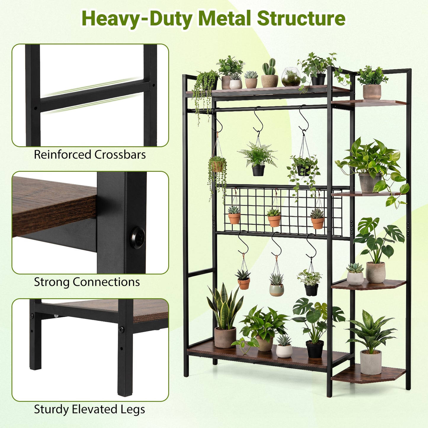 Costway Plantenstandaard Plantenrek met 6 S-haakjes & Spalier Bloemenstandaard met Metalen Frame & Kantelbeveiligingen