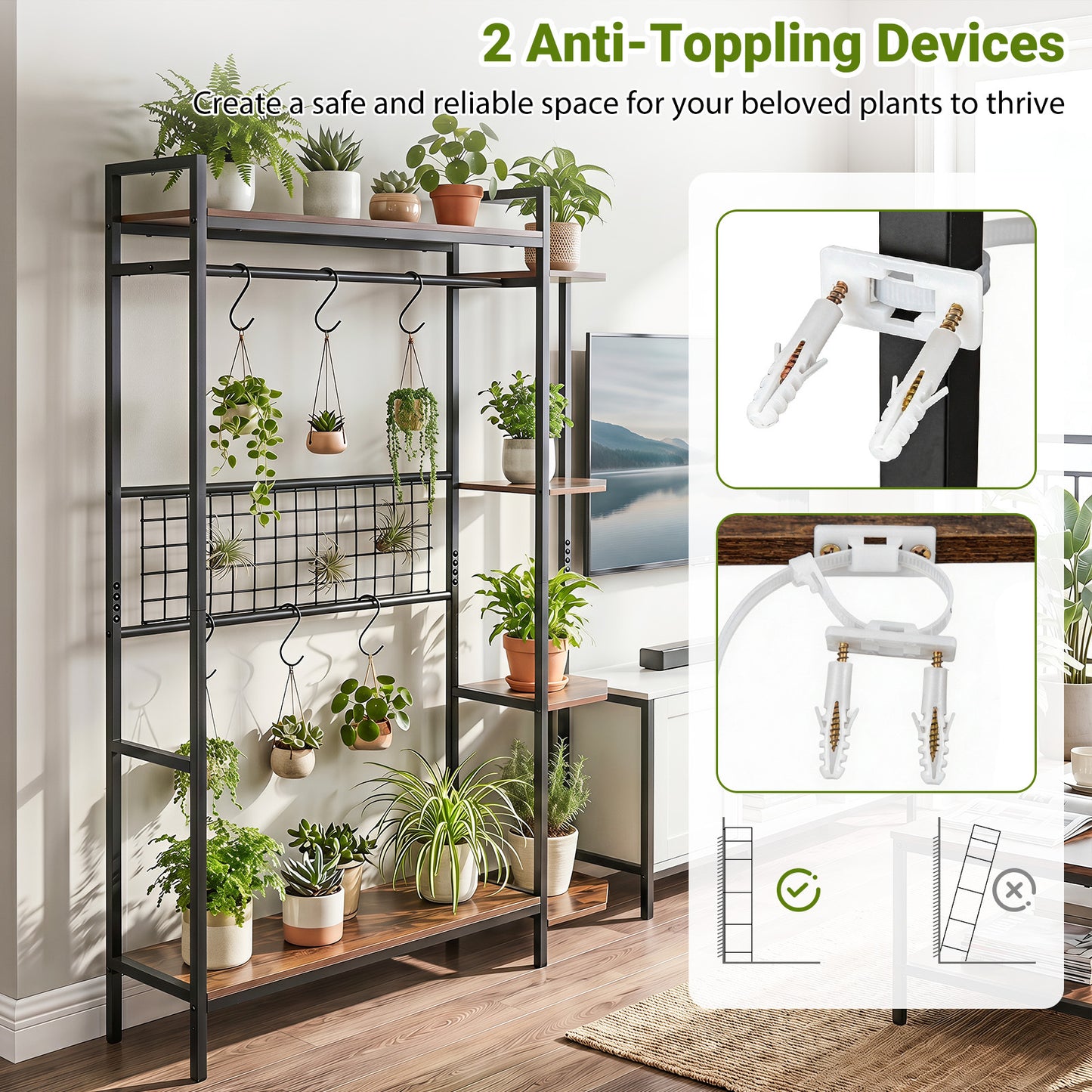 Costway Plantenstandaard Plantenrek met 6 S-haakjes & Spalier Bloemenstandaard met Metalen Frame & Kantelbeveiligingen