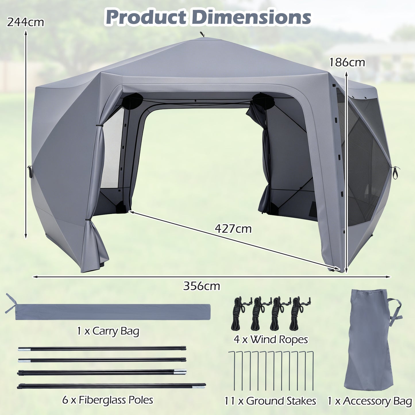 Costway Pop-up Paviljoen 427 x 427 cm Tuinpaviljoen voor 10-12 Personen Feesttent met 6 Zijwanden en Muskietennetten Kampeertent
