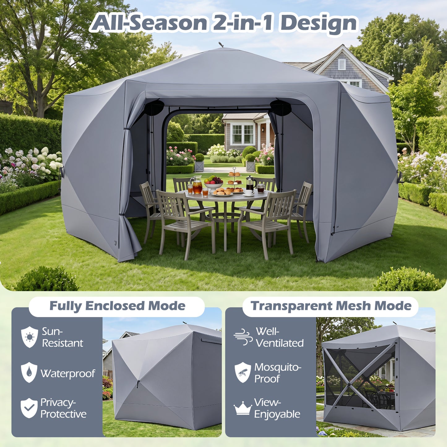 Costway Pop-up Paviljoen 427 x 427 cm Tuinpaviljoen voor 10-12 Personen Feesttent met 6 Zijwanden en Muskietennetten Kampeertent