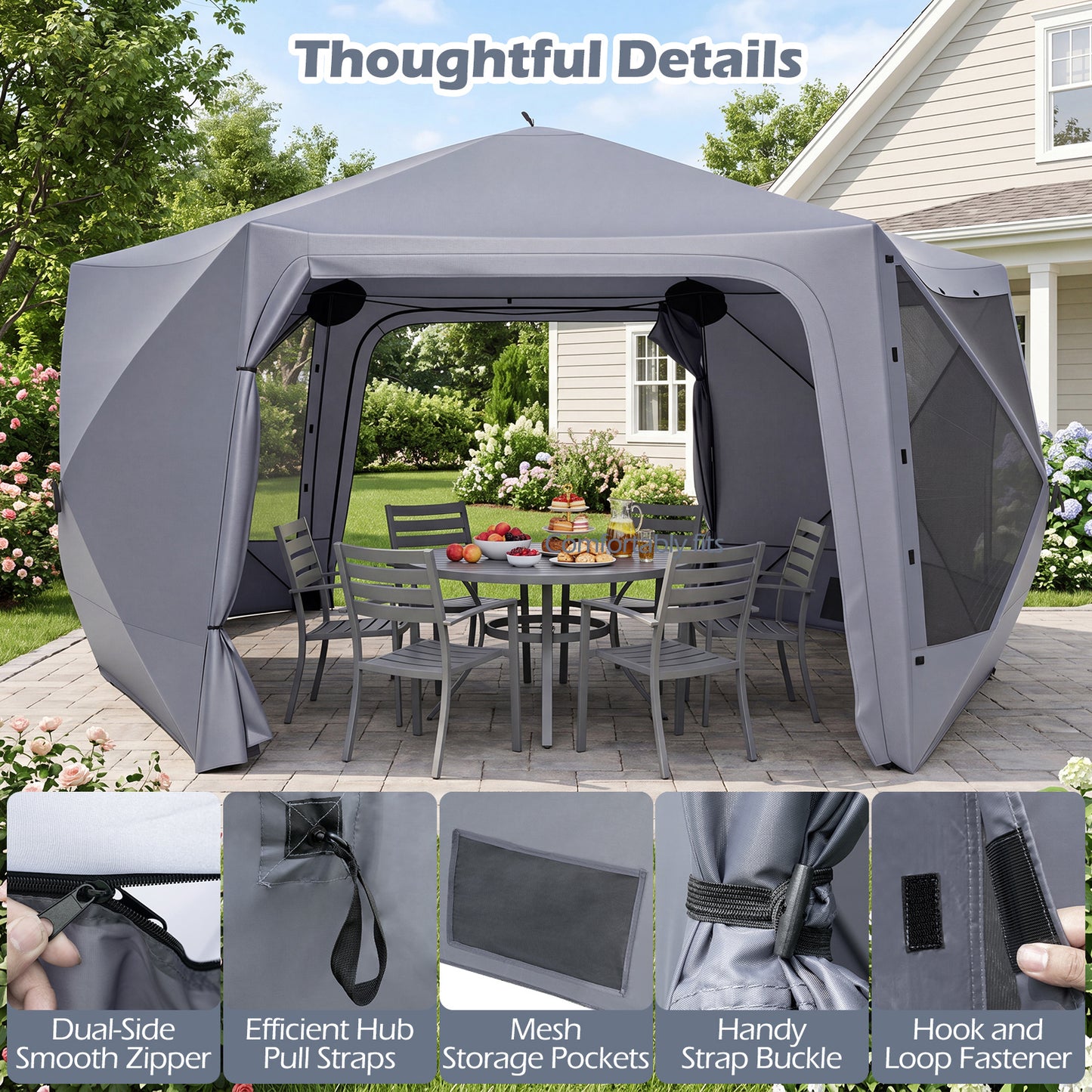 Costway Pop-up Paviljoen 427 x 427 cm Tuinpaviljoen voor 10-12 Personen Feesttent met 6 Zijwanden en Muskietennetten Kampeertent