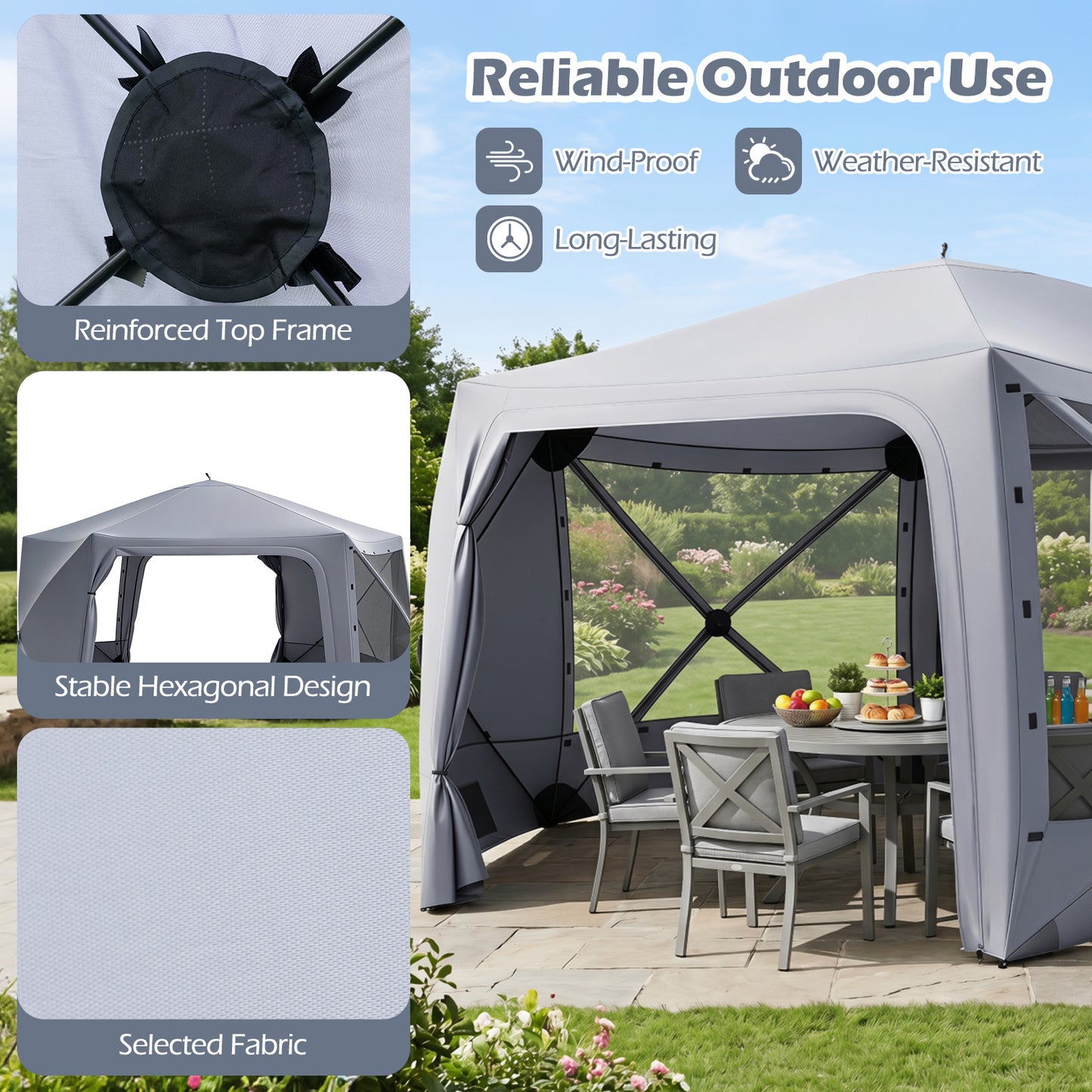 Costway Pop-up Paviljoen 427 x 427 cm Tuinpaviljoen voor 10-12 Personen Feesttent met 6 Zijwanden en Muskietennetten Kampeertent