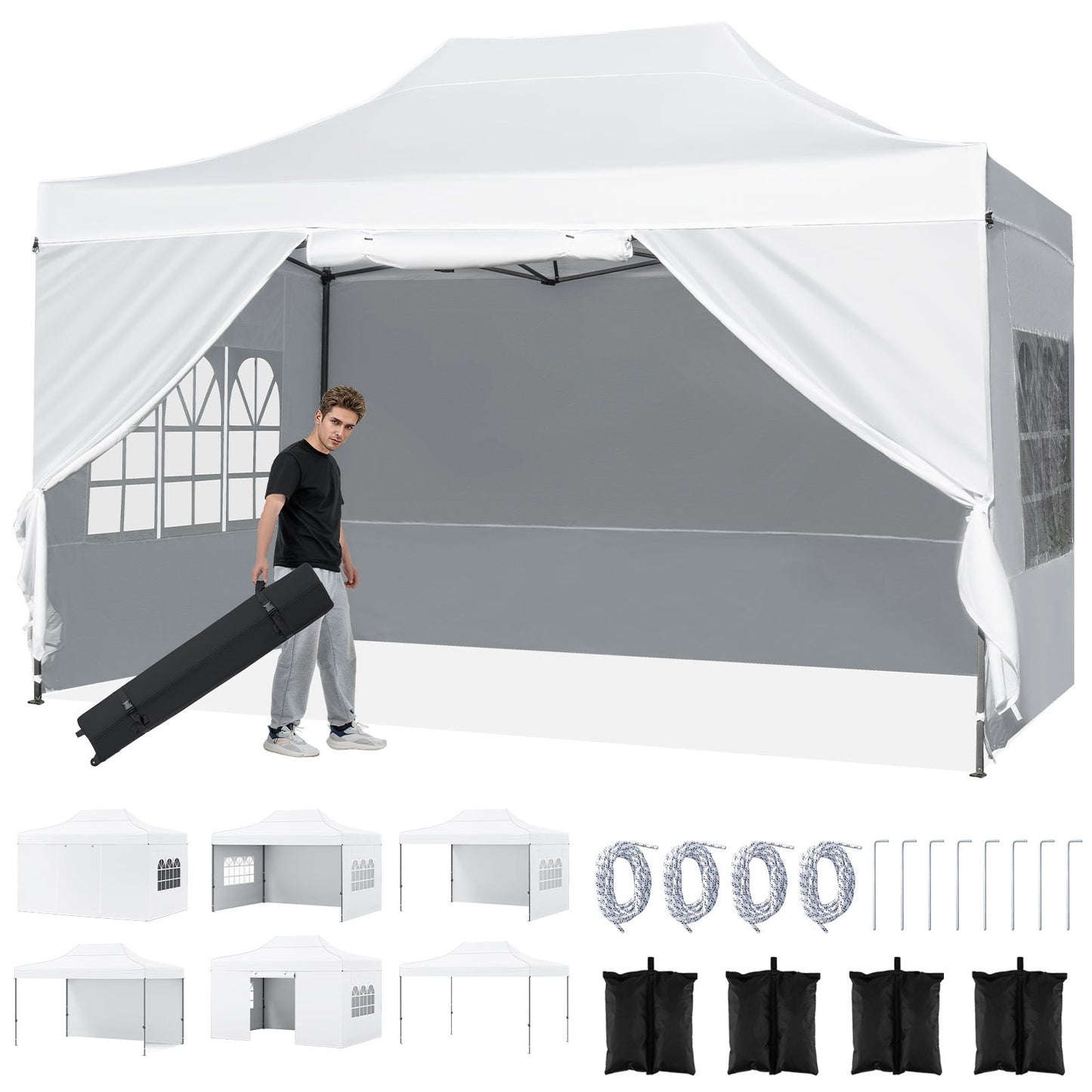 Costway Pop-up-tent van 3 x 4,5 m Weerbestendige Vouwtent met 4 Zijwanden Metalen Frame en Zandzakken Wit