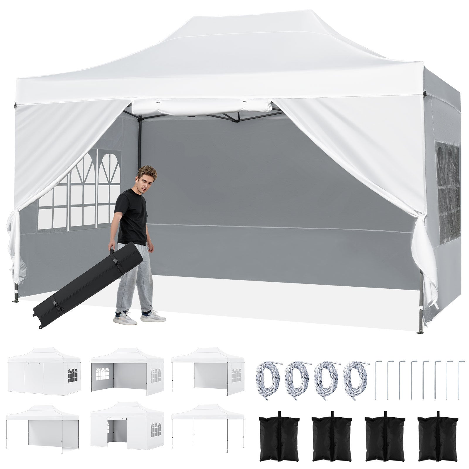 Costway Pop-up-tent van 3 x 4,5 m Weerbestendige Vouwtent met 4 Zijwanden Metalen Frame en Zandzakken Wit