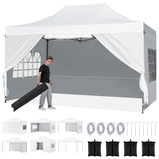 Costway Pop-up-tent van 3 x 4,5 m Weerbestendige Vouwtent met 4 Zijwanden Metalen Frame en Zandzakken Wit
