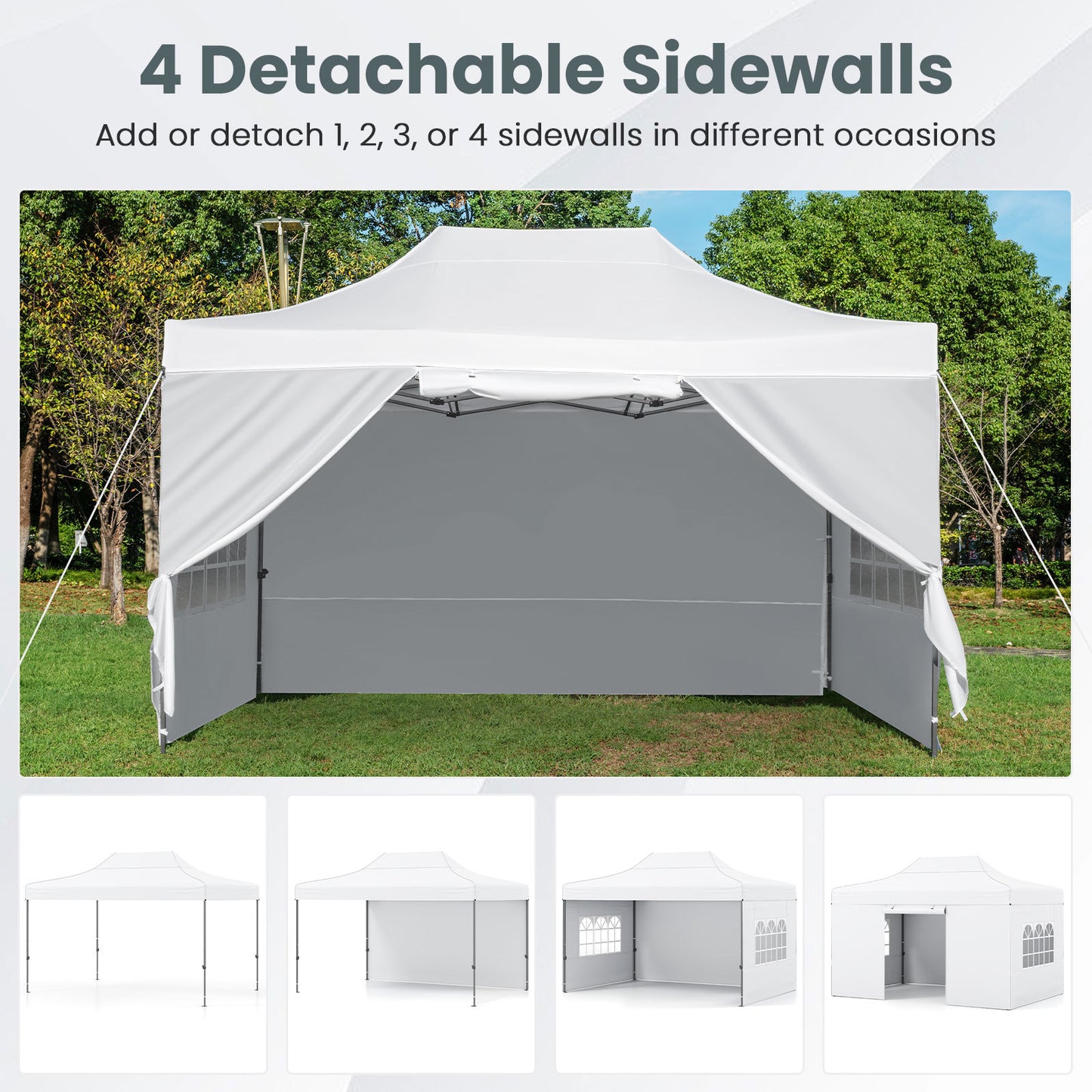 Costway Pop-up-tent van 3 x 4,5 m Weerbestendige Vouwtent met 4 Zijwanden Metalen Frame en Zandzakken Wit