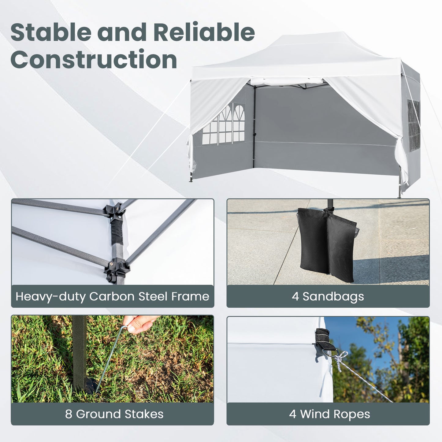 Costway Pop-up-tent van 3 x 4,5 m Weerbestendige Vouwtent met 4 Zijwanden Metalen Frame en Zandzakken Wit