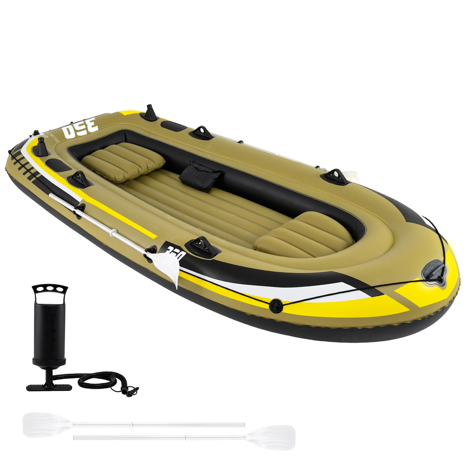 Costway PVC-opblaasboot voor 4 Personen Opblaasbaar Vissersboot met 3 Luchtkamers 2 Peddels & Luchtpomp 305 x 136 x 42 cm