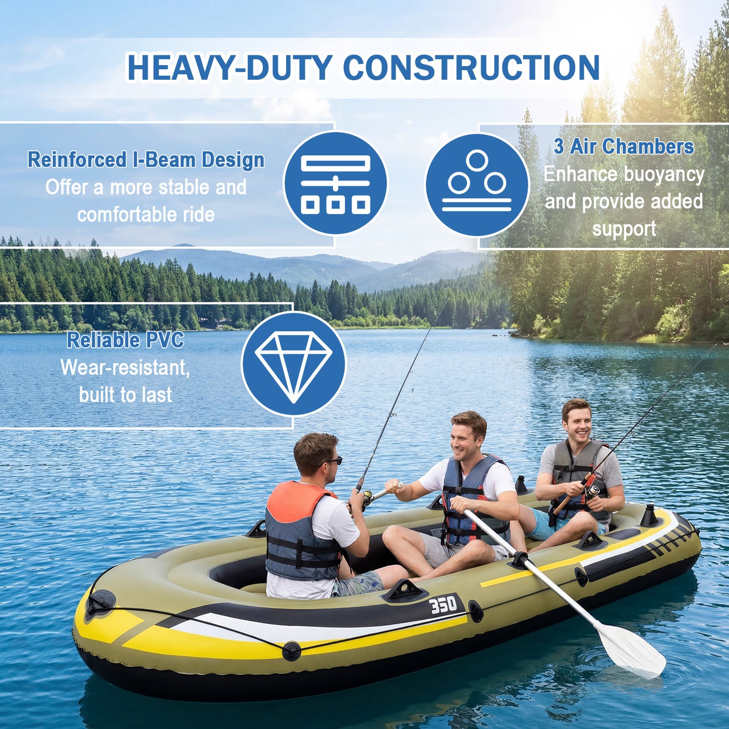 Costway PVC-opblaasboot voor 4 Personen Opblaasbaar Vissersboot met 3 Luchtkamers 2 Peddels & Luchtpomp 305 x 136 x 42 cm