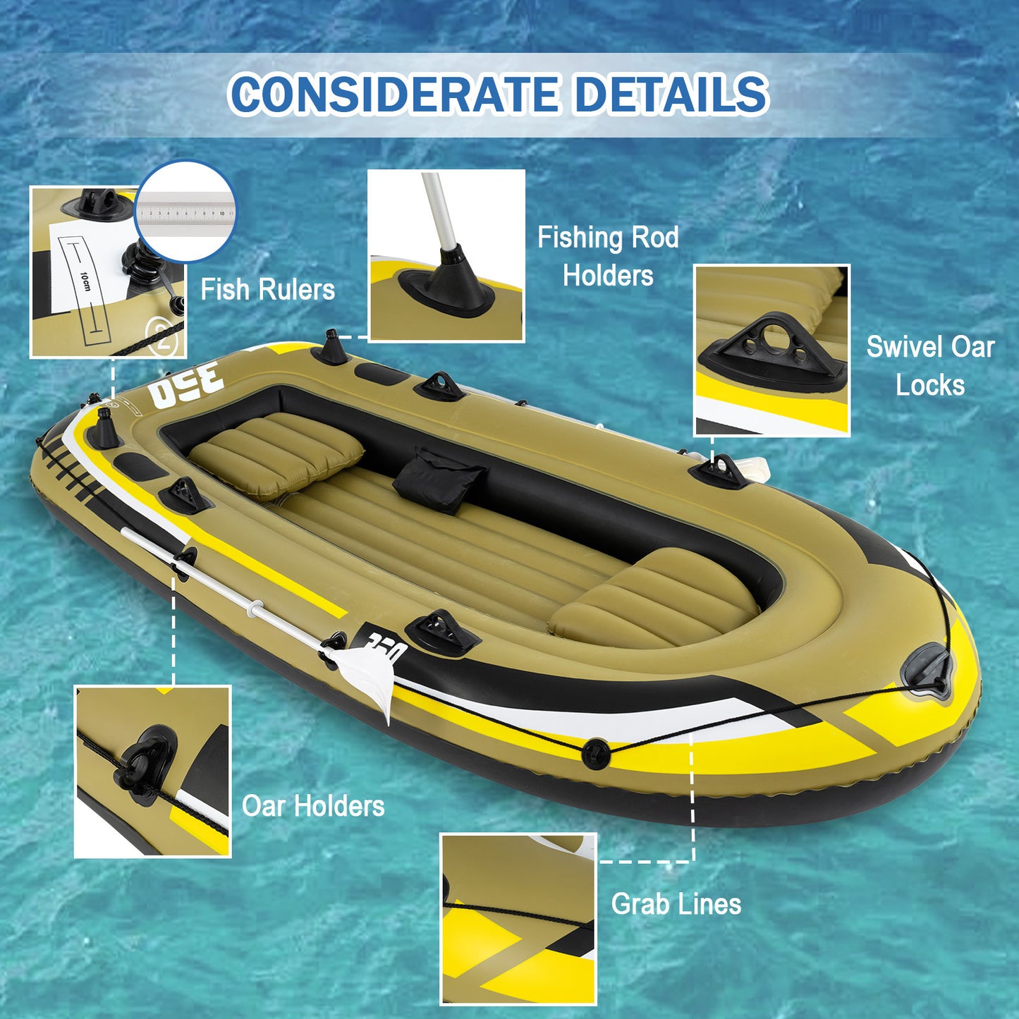 Costway PVC-opblaasboot voor 4 Personen Opblaasbaar Vissersboot met 3 Luchtkamers 2 Peddels & Luchtpomp 305 x 136 x 42 cm