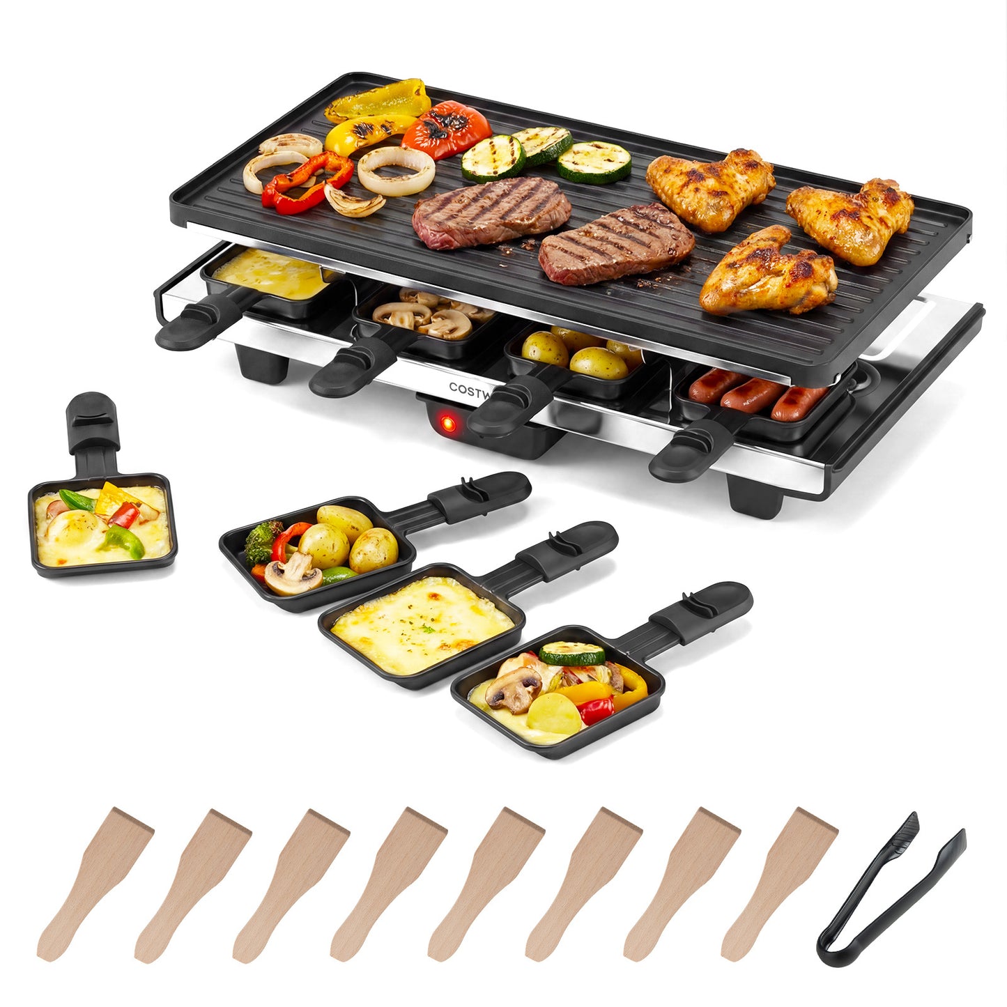 Costway Raclette voor 8 Personen Elektrische Grill met 2-in-1 Omkeerbare Antiaanbakplaat & Instelbare
