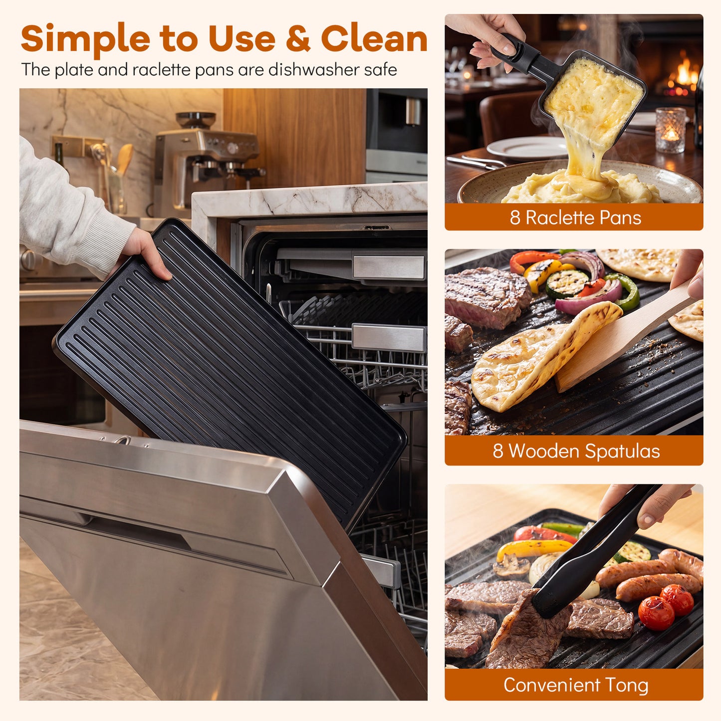 Costway Raclette voor 8 Personen Elektrische Grill met 2-in-1 Omkeerbare Antiaanbakplaat & Instelbare