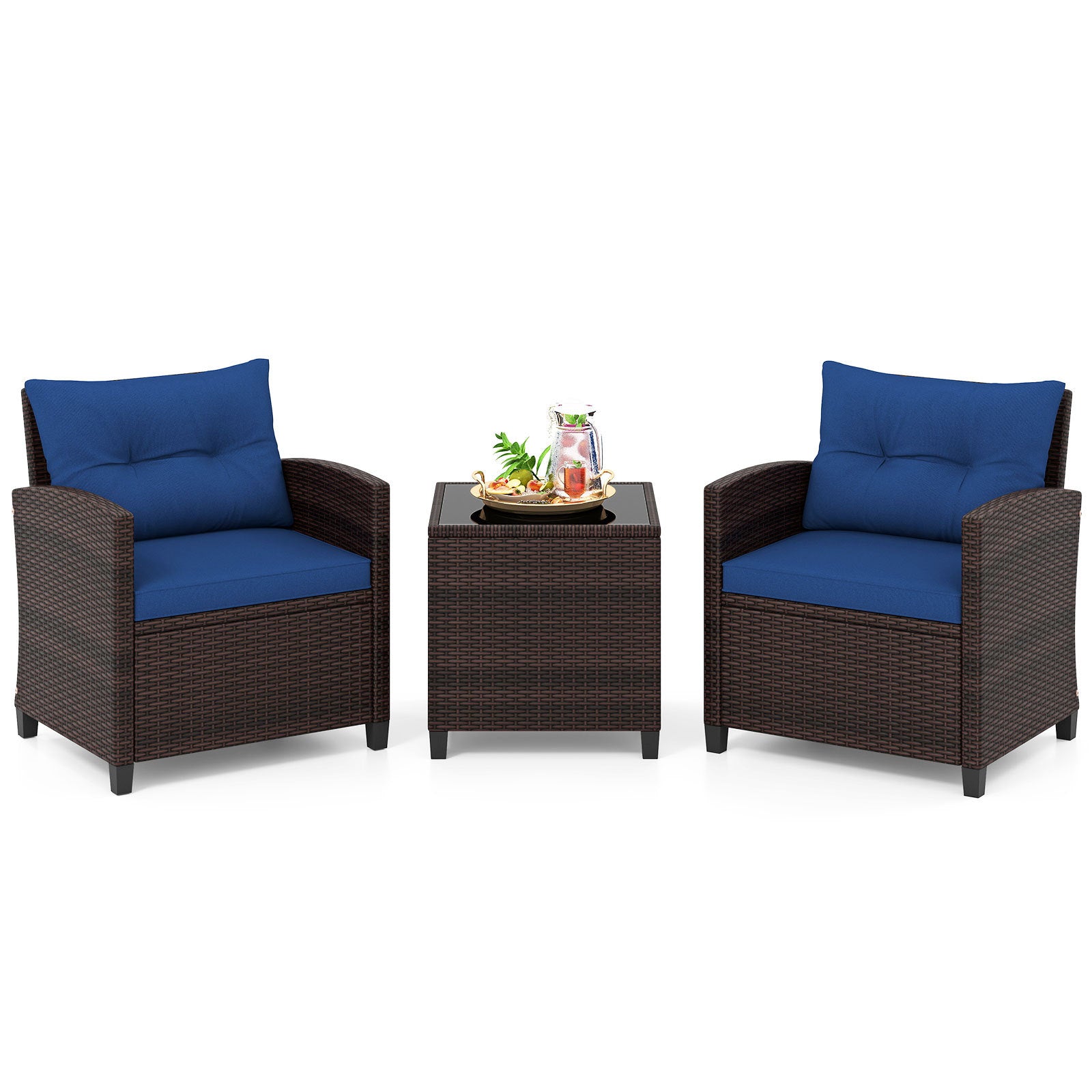 Costway Rattan Tuinmeubelset 3-delig Balkonmeubel met 2 Stoelen en Tafel met Veiligheidsglas Tafelblad Blauw