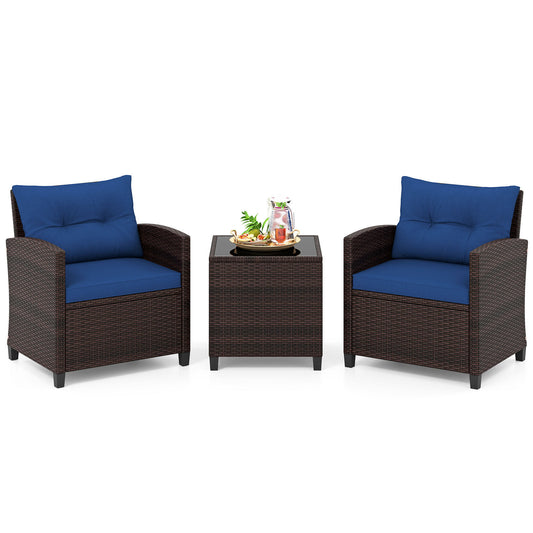 Costway Rattan Tuinmeubelset 3-delig Balkonmeubel met 2 Stoelen en Tafel met Veiligheidsglas Tafelblad Blauw