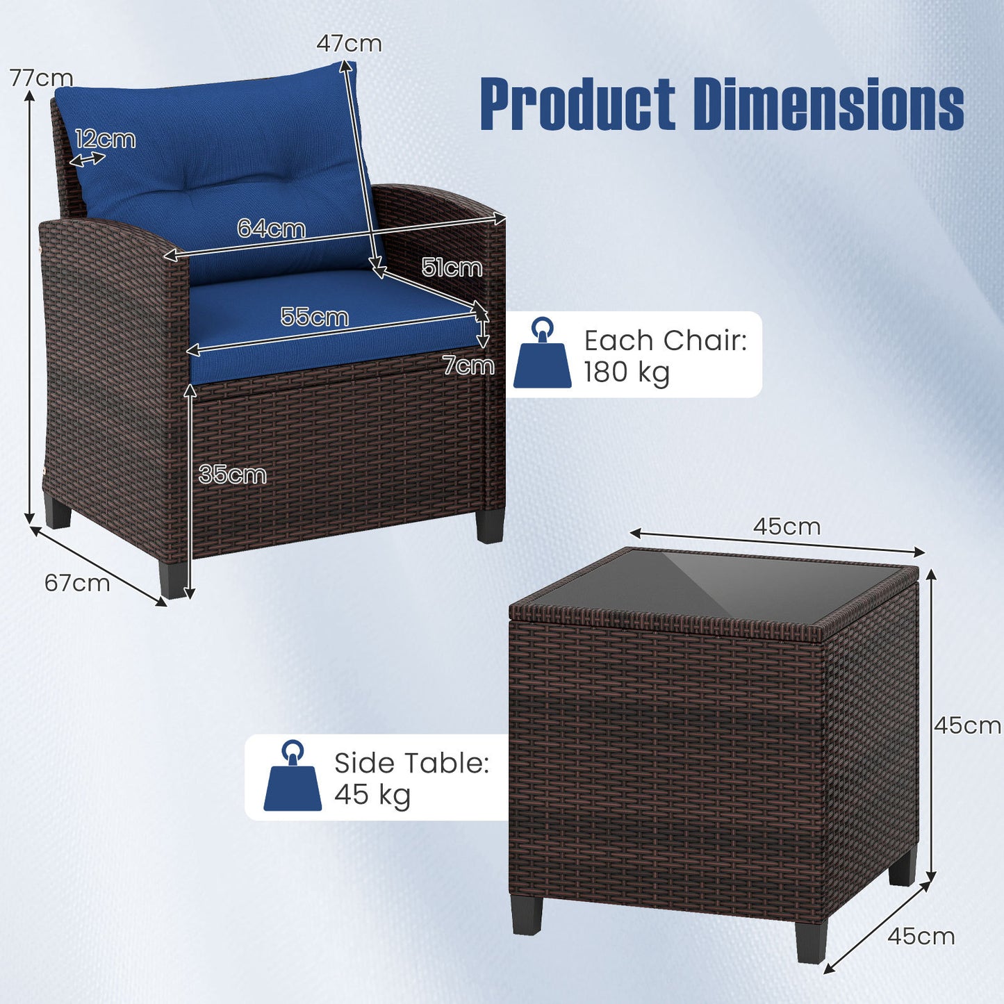 Costway Rattan Tuinmeubelset 3-delig Balkonmeubel met 2 Stoelen en Tafel met Veiligheidsglas Tafelblad Blauw