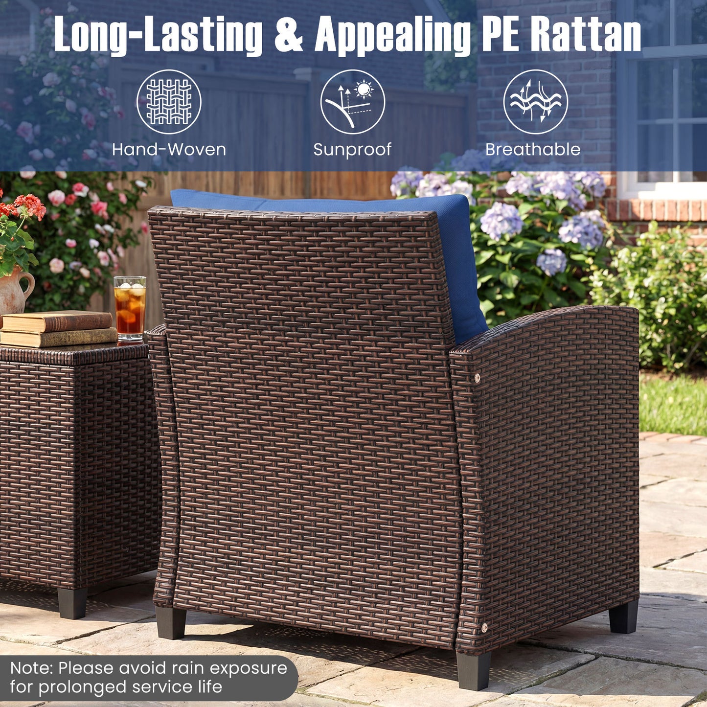 Costway Rattan Tuinmeubelset 3-delig Balkonmeubel met 2 Stoelen en Tafel met Veiligheidsglas Tafelblad Blauw