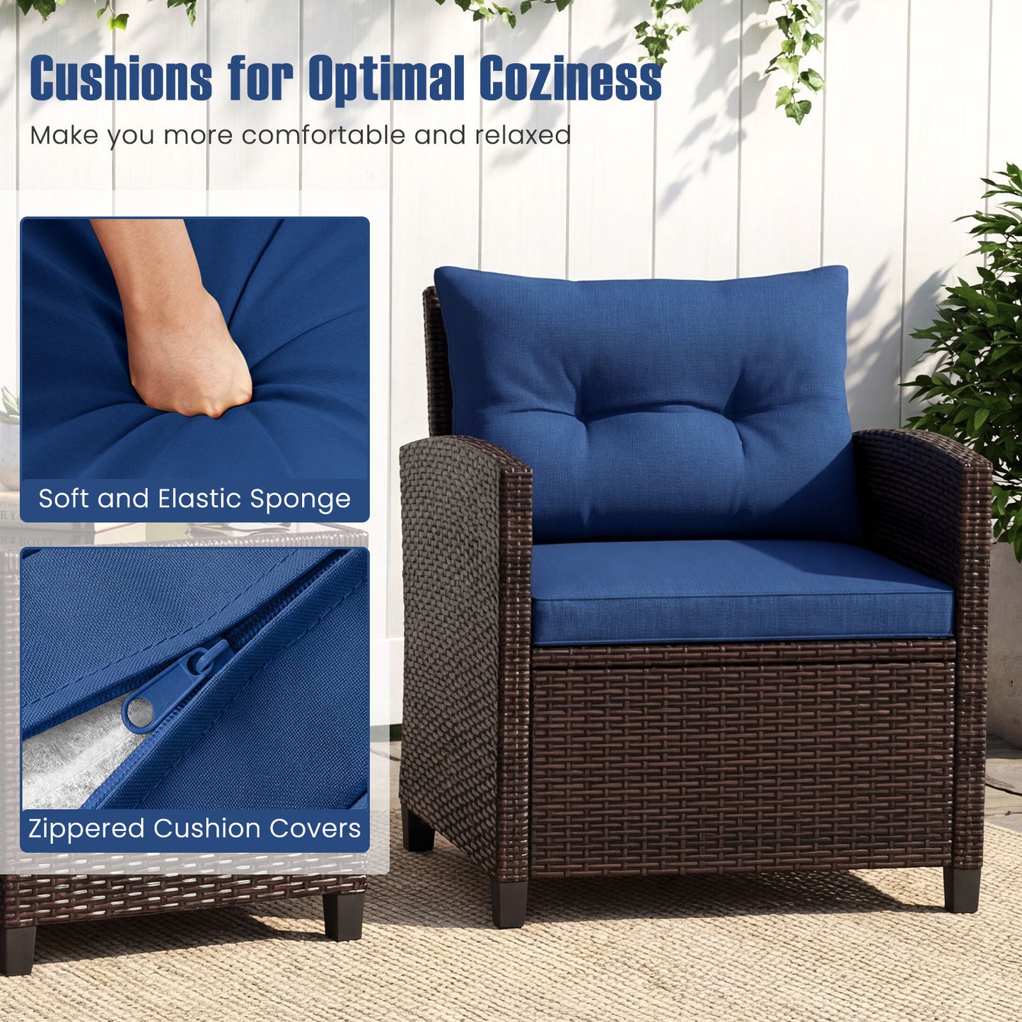 Costway Rattan Tuinmeubelset 3-delig Balkonmeubel met 2 Stoelen en Tafel met Veiligheidsglas Tafelblad Blauw