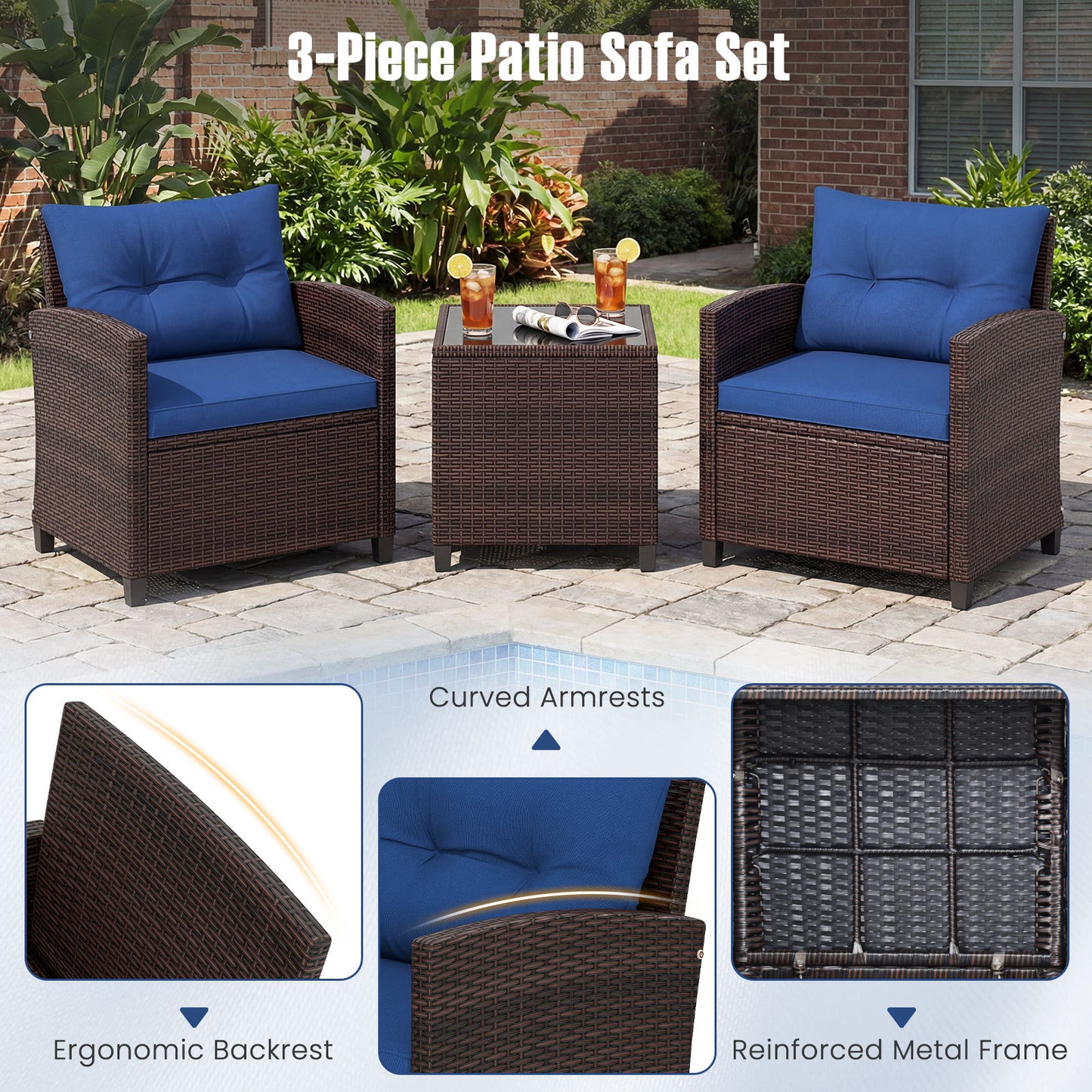Costway Rattan Tuinmeubelset 3-delig Balkonmeubel met 2 Stoelen en Tafel met Veiligheidsglas Tafelblad Blauw