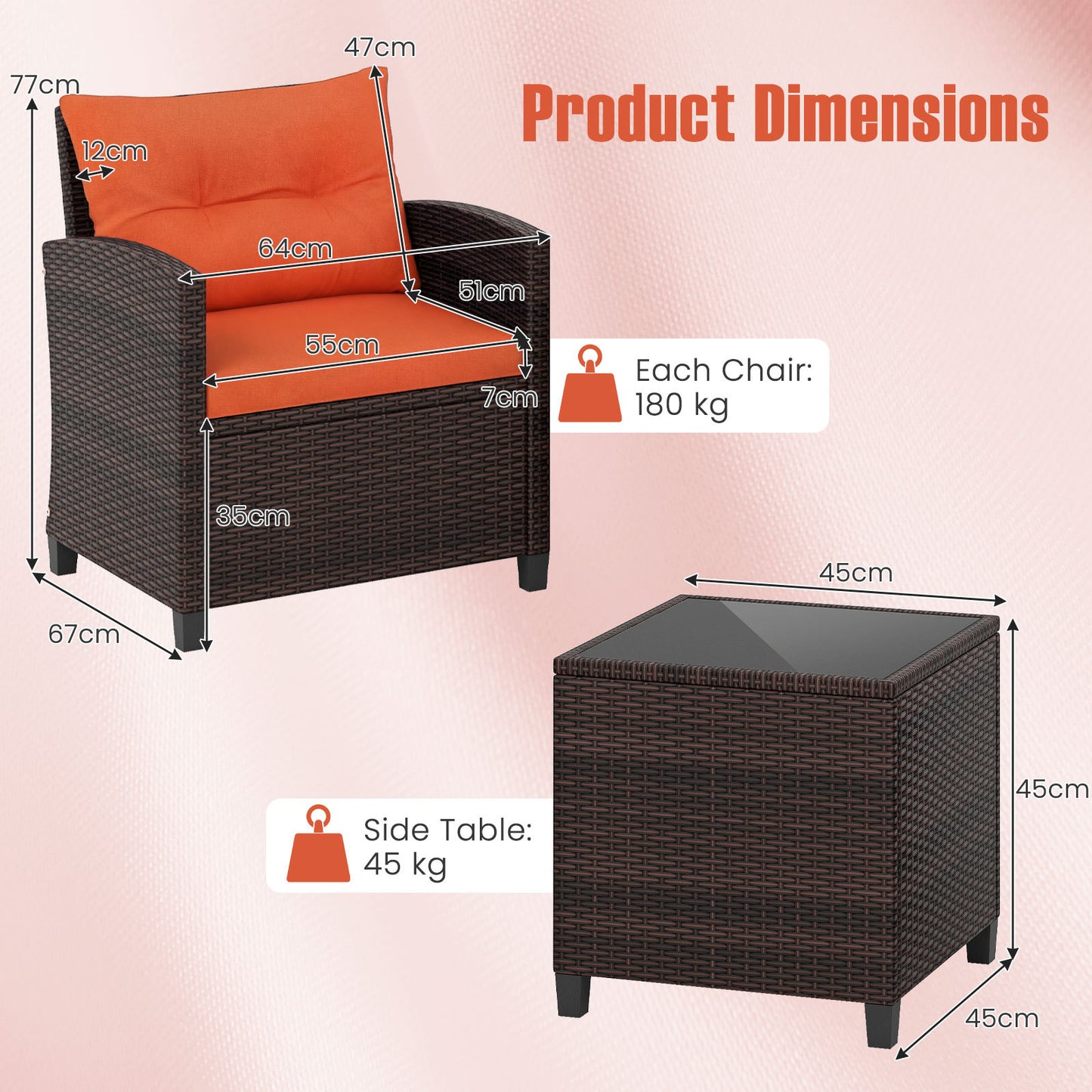 Costway Rattan Tuinmeubelset 3-Delig Balkonmeubel met 2 Stoelen en Tafel met Veiligheidsglas Tafelblad Oranje
