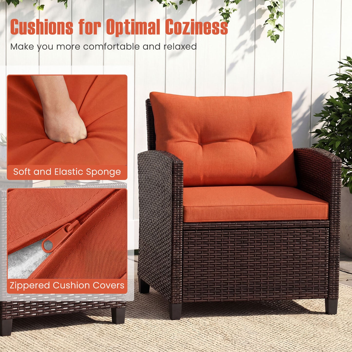 Costway Rattan Tuinmeubelset 3-Delig Balkonmeubel met 2 Stoelen en Tafel met Veiligheidsglas Tafelblad Oranje