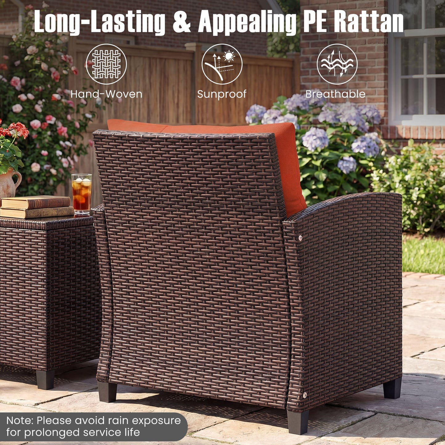 Costway Rattan Tuinmeubelset 3-Delig Balkonmeubel met 2 Stoelen en Tafel met Veiligheidsglas Tafelblad Oranje