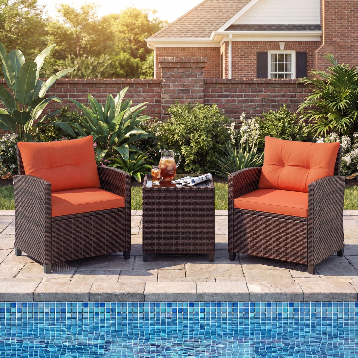 Costway Rattan Tuinmeubelset 3-Delig Balkonmeubel met 2 Stoelen en Tafel met Veiligheidsglas Tafelblad Oranje