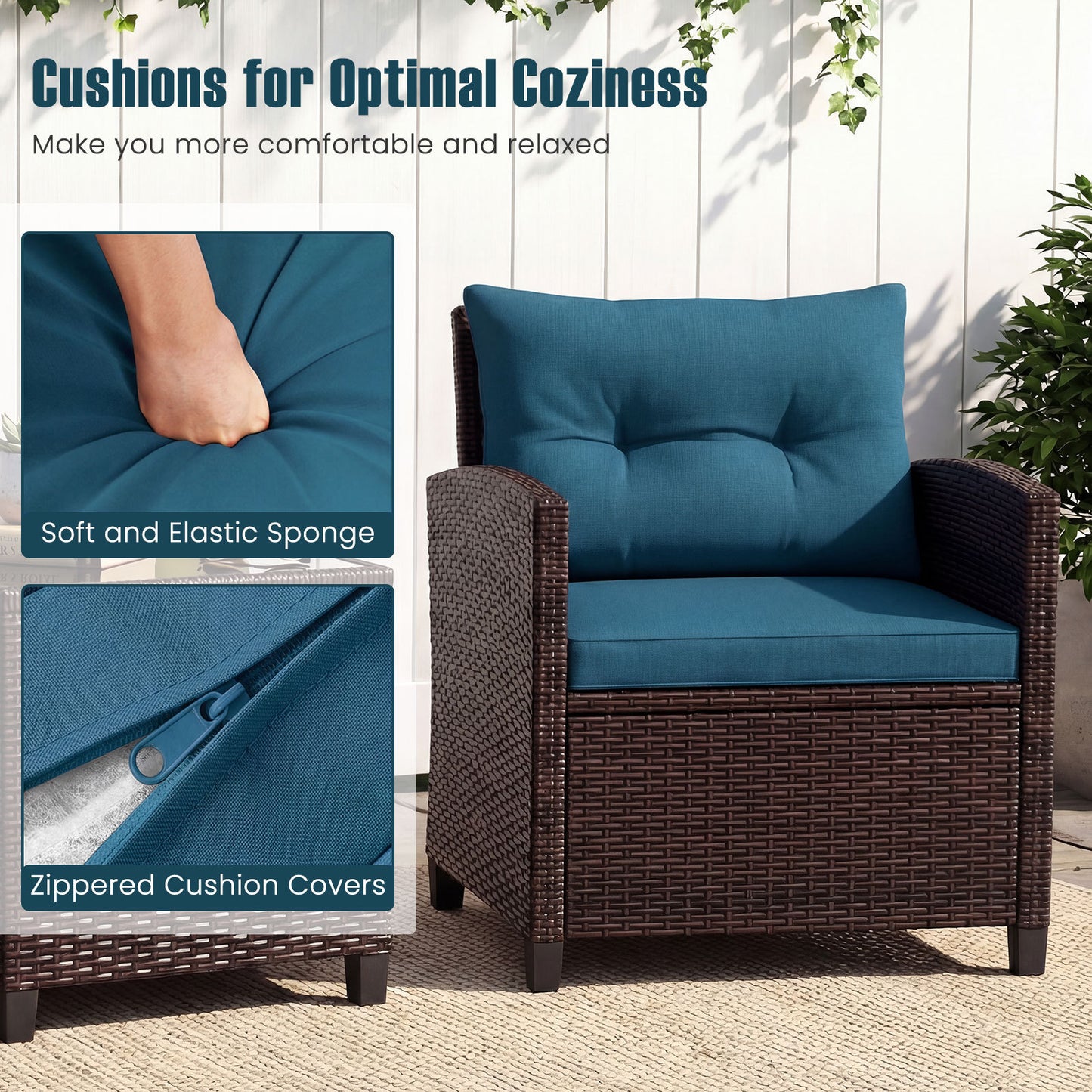 Costway Rattan Tuinmeubelset 3-delig Balkonmeubel met 2 Stoelen en Tafel met Veiligheidsglas Tafelblad Pauwblauw
