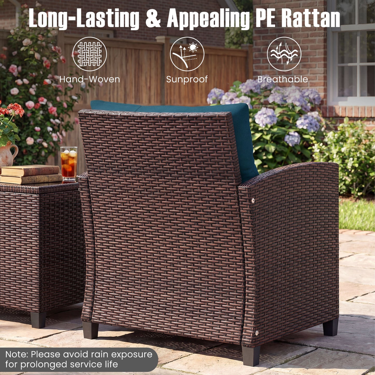 Costway Rattan Tuinmeubelset 3-delig Balkonmeubel met 2 Stoelen en Tafel met Veiligheidsglas Tafelblad Pauwblauw