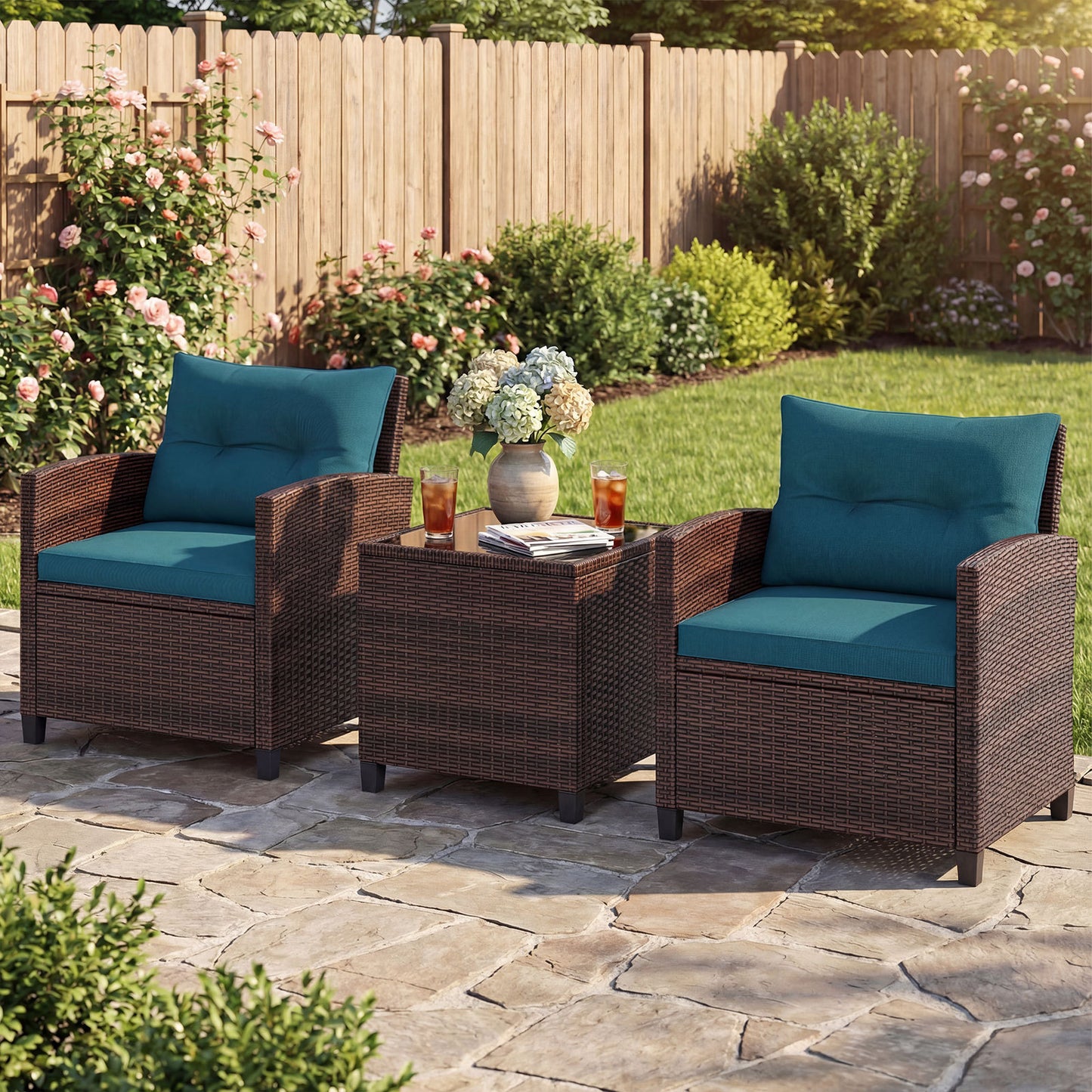 Costway Rattan Tuinmeubelset 3-delig Balkonmeubel met 2 Stoelen en Tafel met Veiligheidsglas Tafelblad Pauwblauw