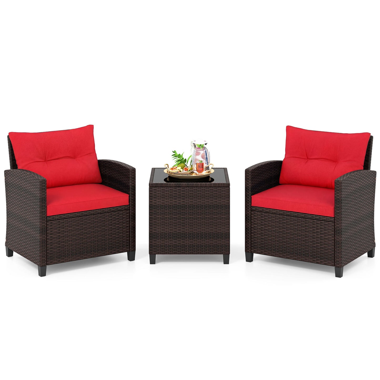 Costway Rattan Tuinmeubelset 3-delig Balkonmeubel met 2 Stoelen en Tafel met Veiligheidsglas Tafelblad Rood