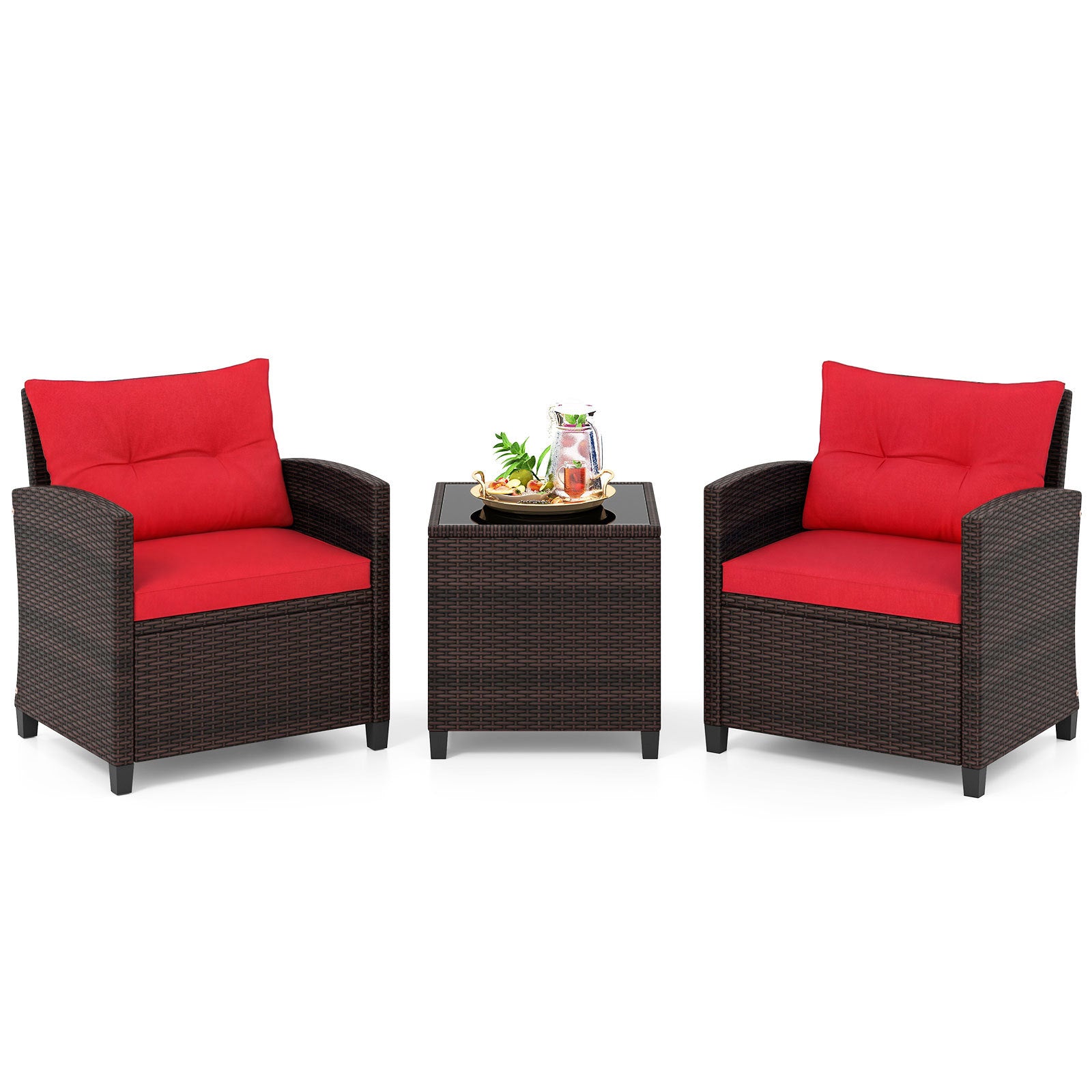 Costway Rattan Tuinmeubelset 3-delig Balkonmeubel met 2 Stoelen en Tafel met Veiligheidsglas Tafelblad Rood