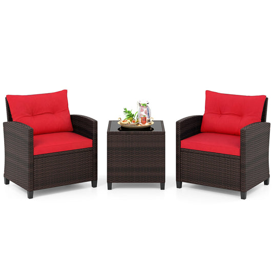 Costway Rattan Tuinmeubelset 3-delig Balkonmeubel met 2 Stoelen en Tafel met Veiligheidsglas Tafelblad Rood