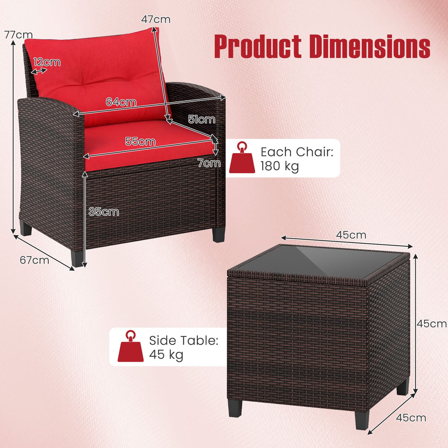 Costway Rattan Tuinmeubelset 3-delig Balkonmeubel met 2 Stoelen en Tafel met Veiligheidsglas Tafelblad Rood