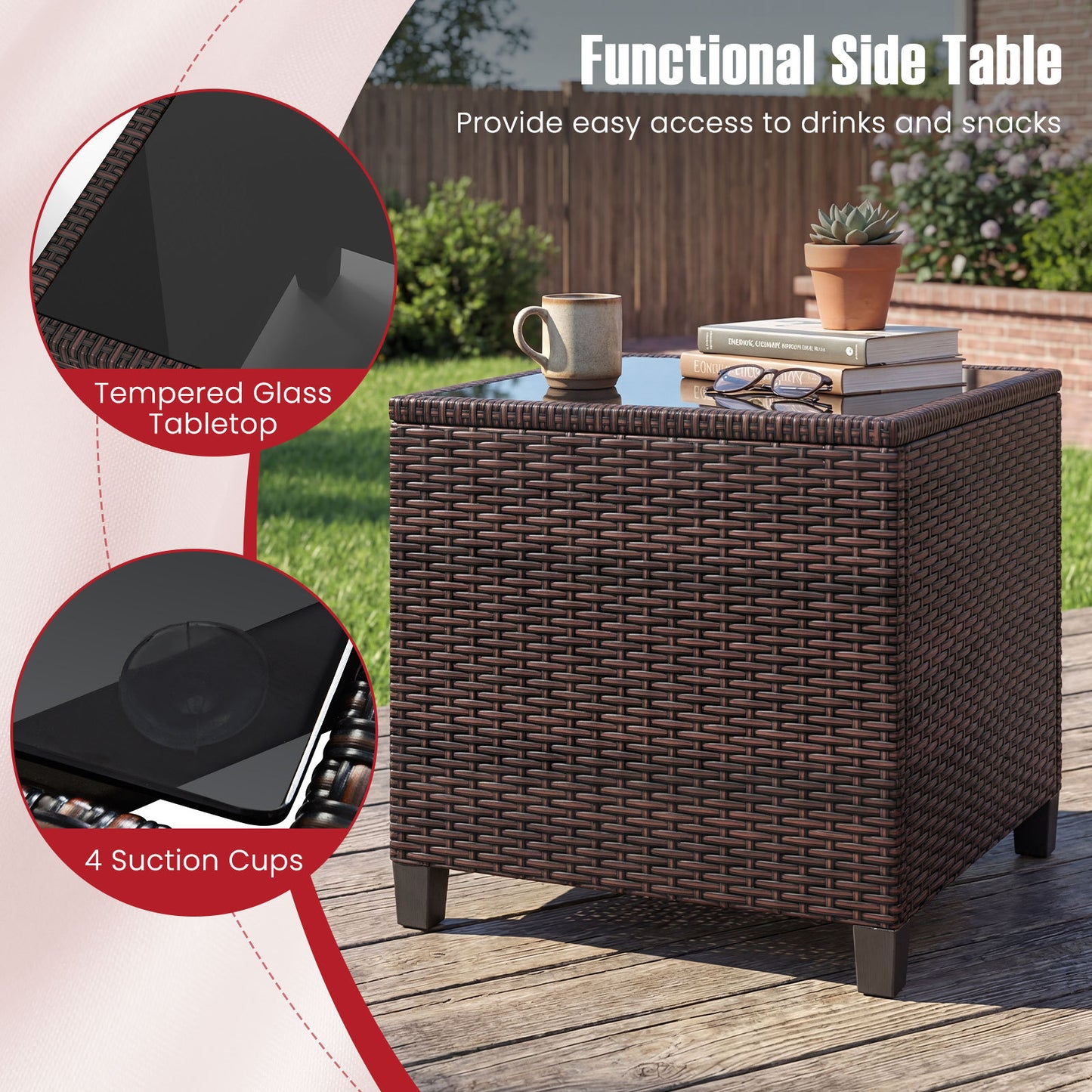 Costway Rattan Tuinmeubelset 3-delig Balkonmeubel met 2 Stoelen en Tafel met Veiligheidsglas Tafelblad Rood