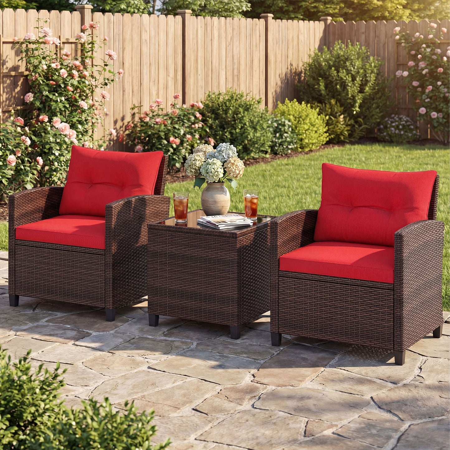 Costway Rattan Tuinmeubelset 3-delig Balkonmeubel met 2 Stoelen en Tafel met Veiligheidsglas Tafelblad Rood