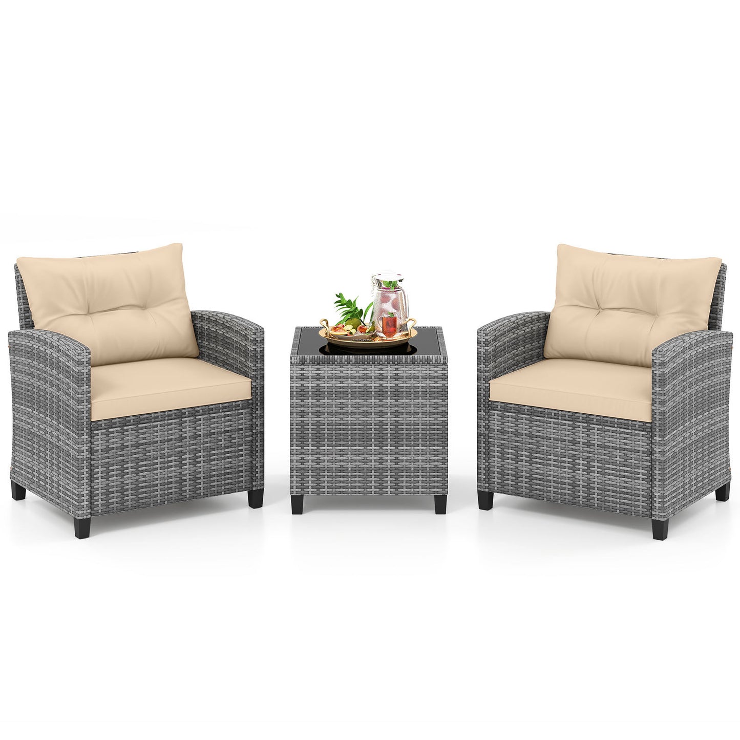Costway Rattan Tuinmeubelset 3-delig Balkonmeubilair met 2 Stoelen en Tafel met Veiligheidsglas Tafelblad Beige