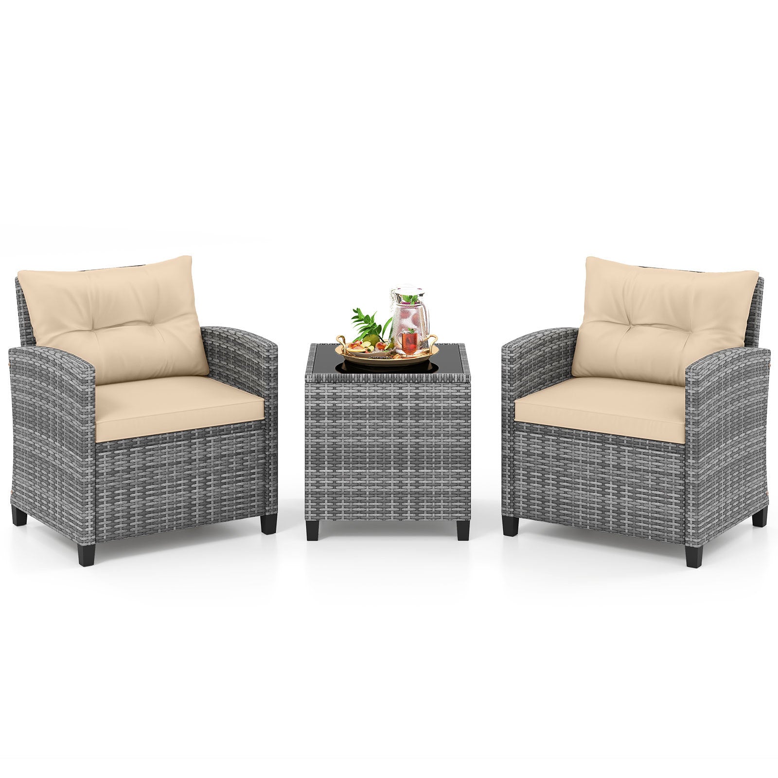 Costway Rattan Tuinmeubelset 3-delig Balkonmeubilair met 2 Stoelen en Tafel met Veiligheidsglas Tafelblad Beige