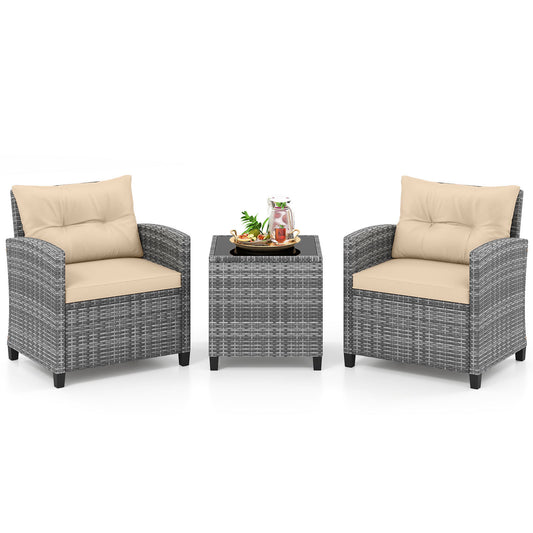 Costway Rattan Tuinmeubelset 3-delig Balkonmeubilair met 2 Stoelen en Tafel met Veiligheidsglas Tafelblad Beige
