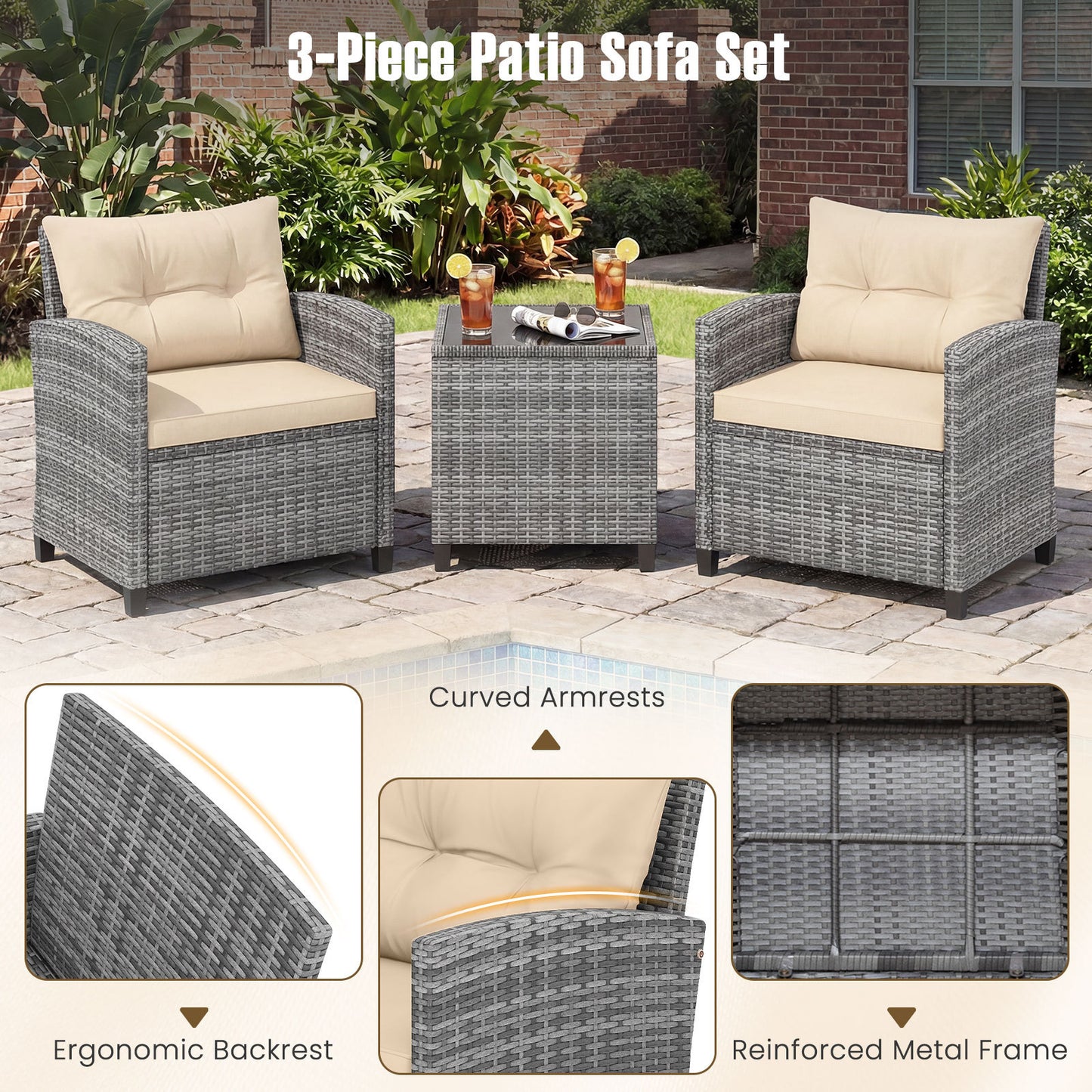 Costway Rattan Tuinmeubelset 3-delig Balkonmeubilair met 2 Stoelen en Tafel met Veiligheidsglas Tafelblad Beige