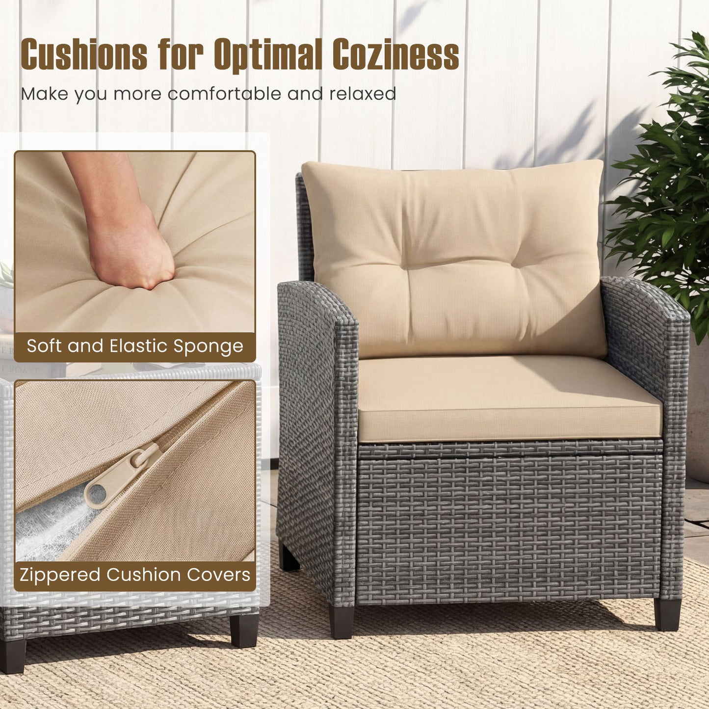 Costway Rattan Tuinmeubelset 3-delig Balkonmeubilair met 2 Stoelen en Tafel met Veiligheidsglas Tafelblad Beige