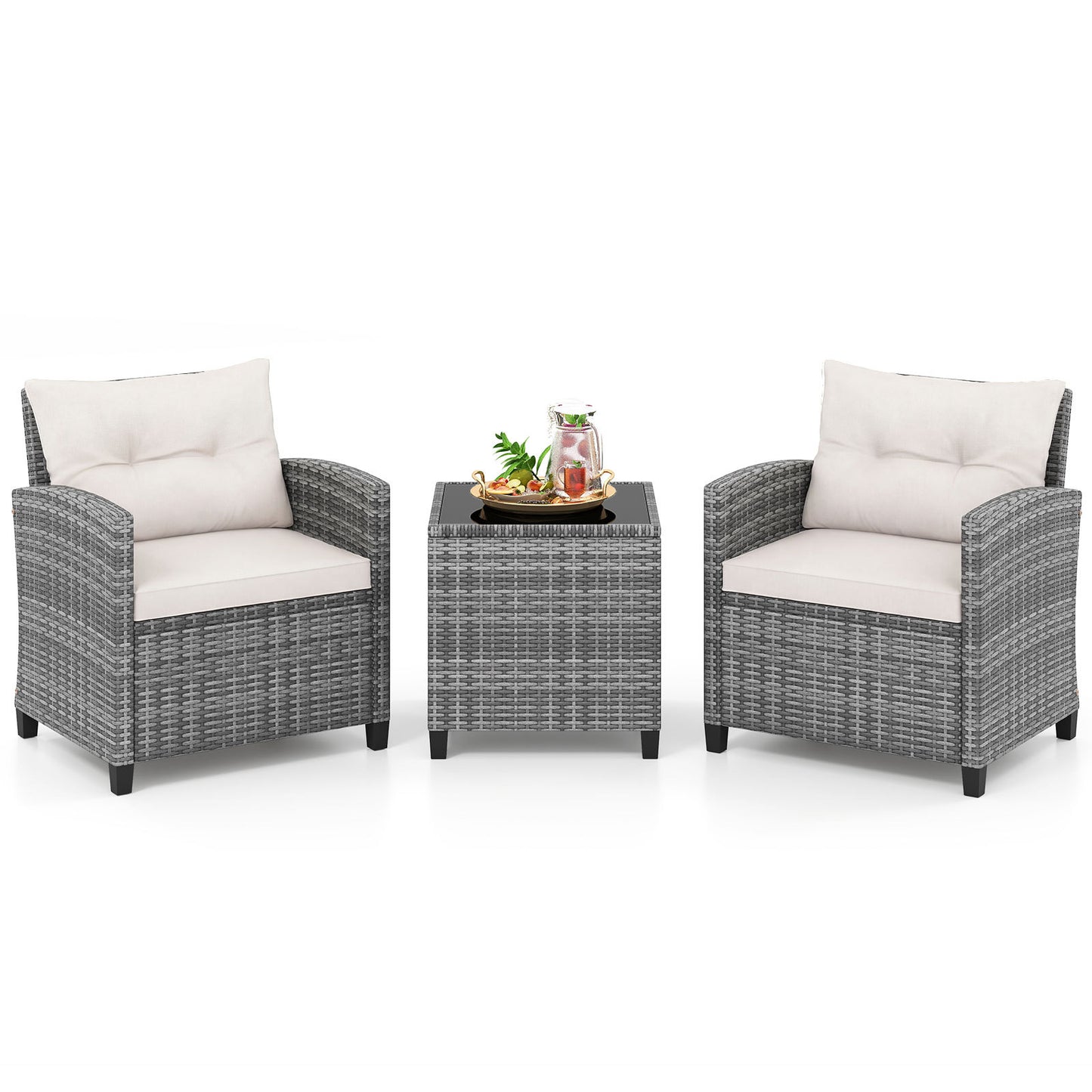 Costway Rattan Tuinmeubelset 3-delig Balkonmeubilair met 2 Stoelen en Tafel met Veiligheidsglas Tafelblad Wit