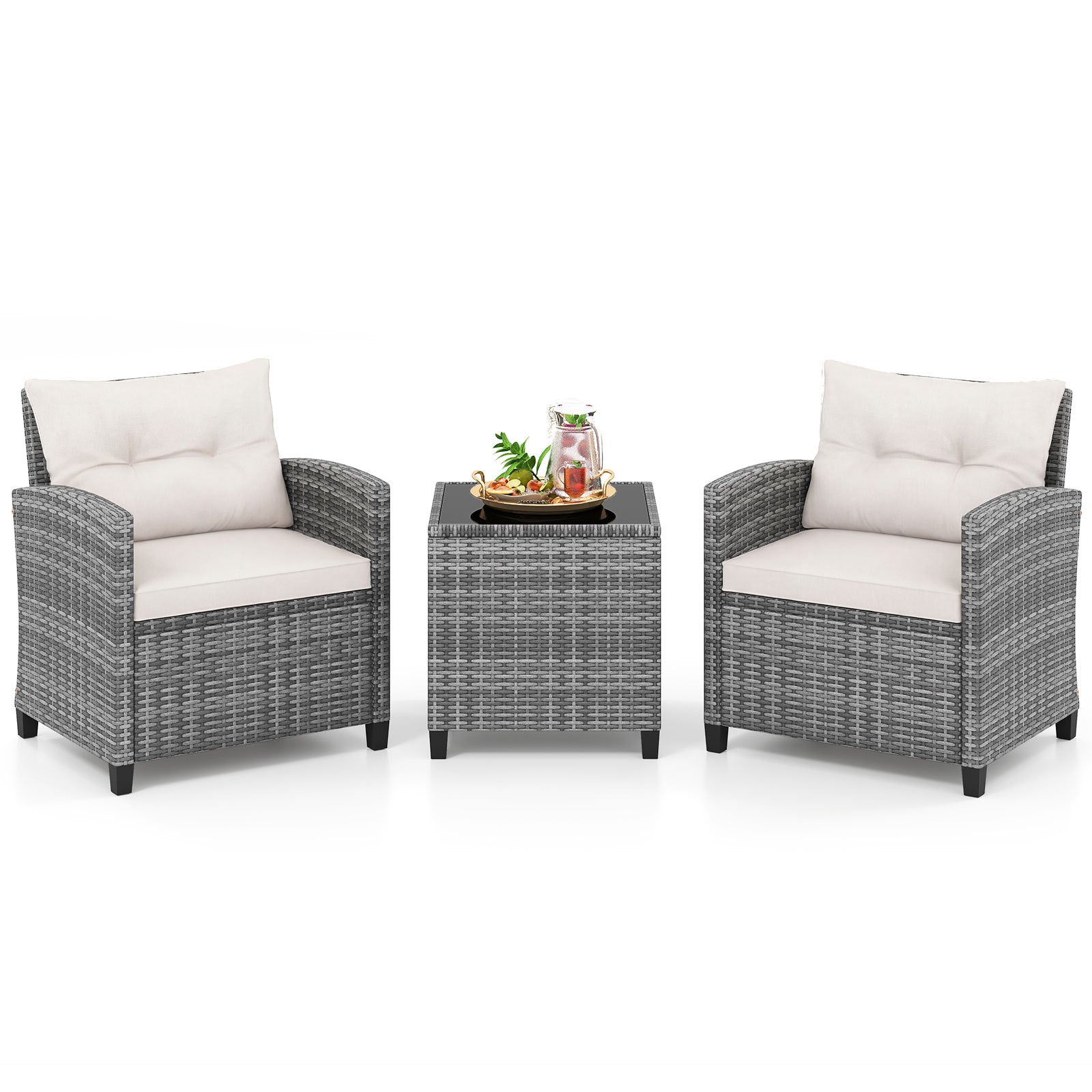 Costway Rattan Tuinmeubelset 3-delig Balkonmeubilair met 2 Stoelen en Tafel met Veiligheidsglas Tafelblad Wit