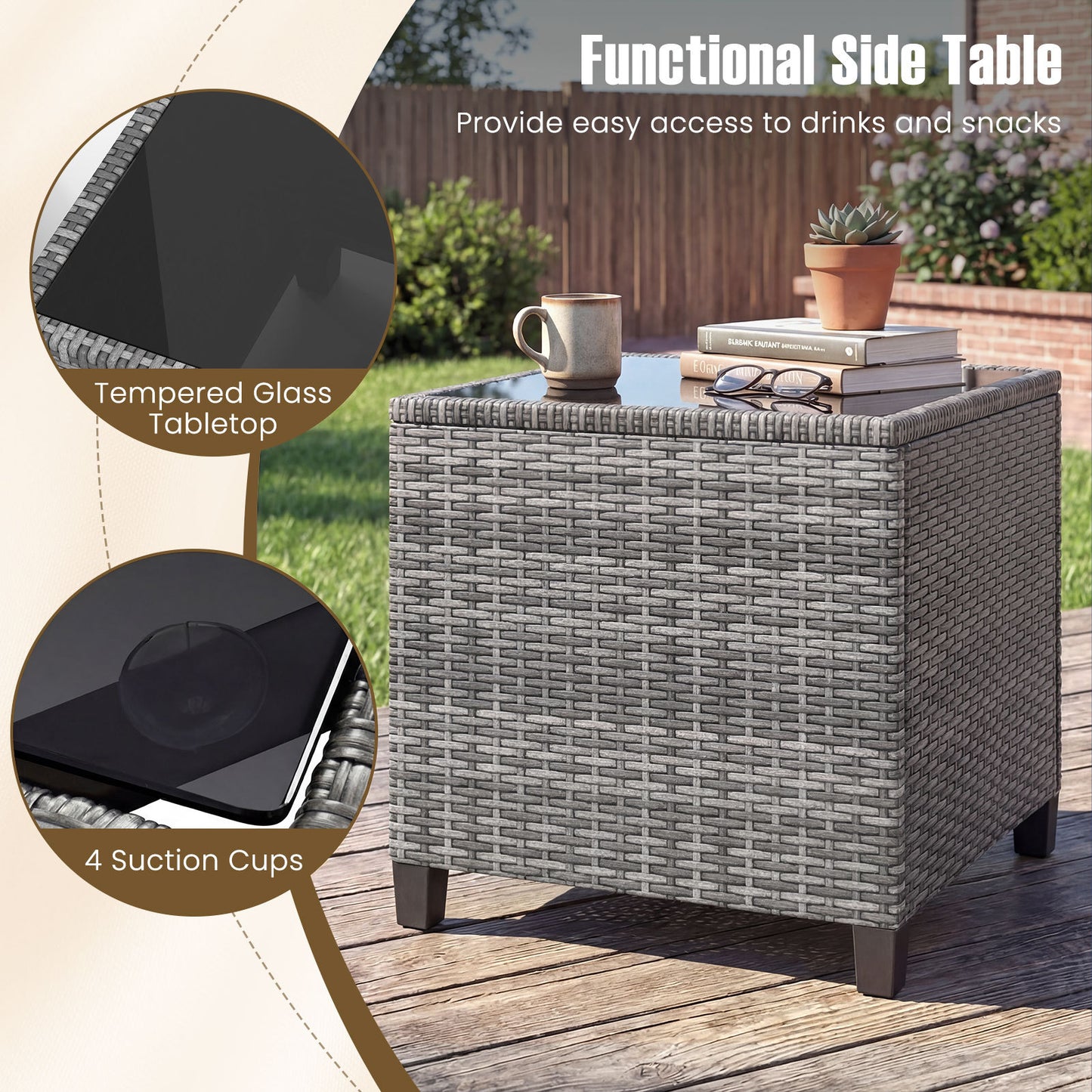 Costway Rattan Tuinmeubelset 3-delig Balkonmeubilair met 2 Stoelen en Tafel met Veiligheidsglas Tafelblad Wit