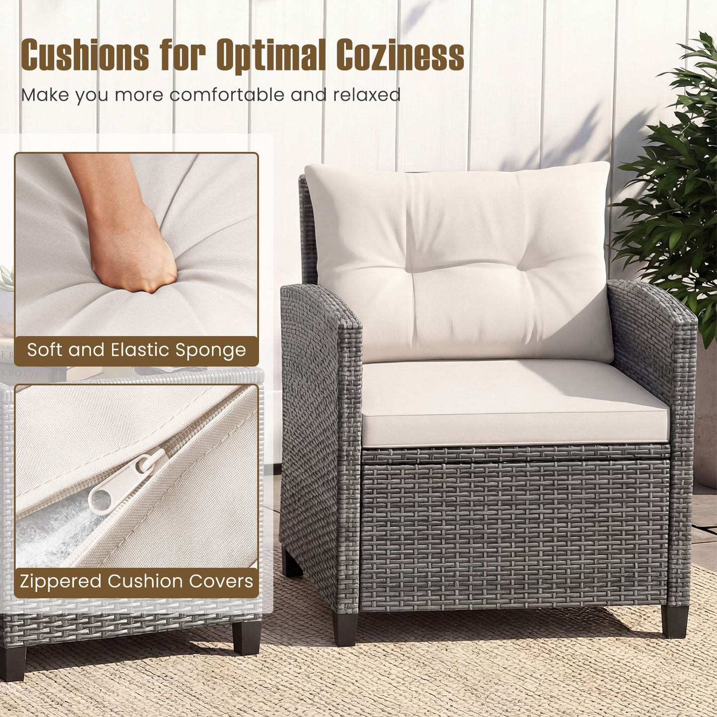 Costway Rattan Tuinmeubelset 3-delig Balkonmeubilair met 2 Stoelen en Tafel met Veiligheidsglas Tafelblad Wit