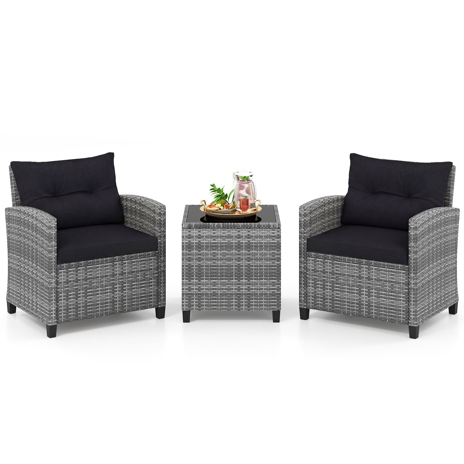 Costway Rattan Tuinmeubelset 3-delig Balkonmeubilair met 2 Stoelen en Tafel met Veiligheidsglas Tafelblad Zwart