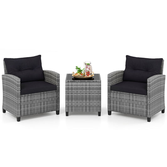 Costway Rattan Tuinmeubelset 3-delig Balkonmeubilair met 2 Stoelen en Tafel met Veiligheidsglas Tafelblad Zwart