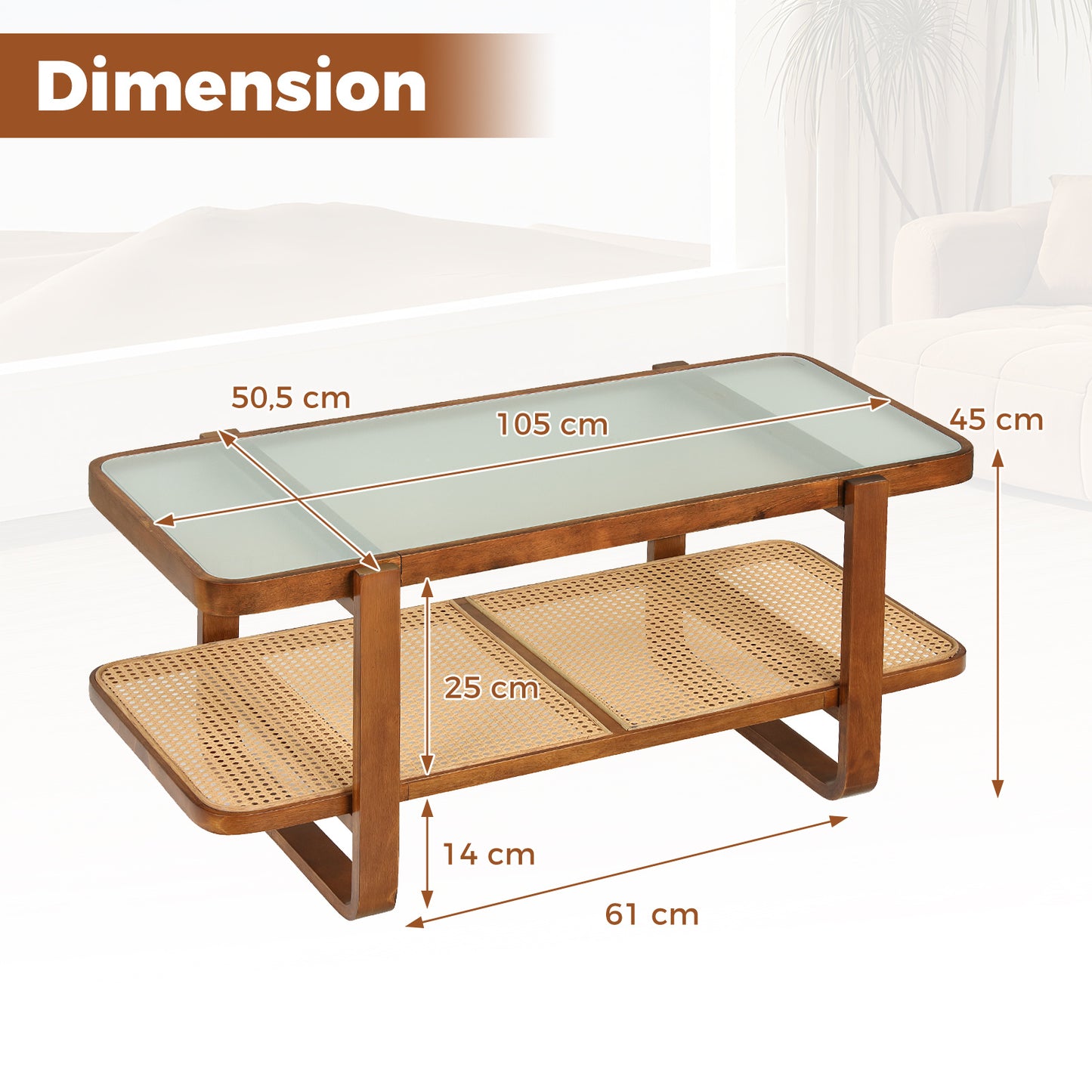 Costway Rechthoekige Salontafel Woonkamer Tafel  Bijzettafel Theetafel Koffietafel voor Woonkamer Kantoor 105 x 50,5 x 45 cm Walnoot
