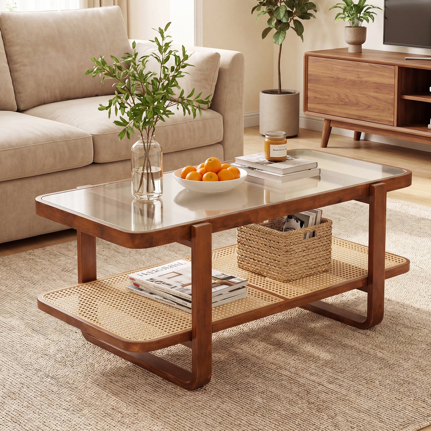 Costway Rechthoekige Salontafel Woonkamer Tafel  Bijzettafel Theetafel Koffietafel voor Woonkamer Kantoor 105 x 50,5 x 45 cm Walnoot