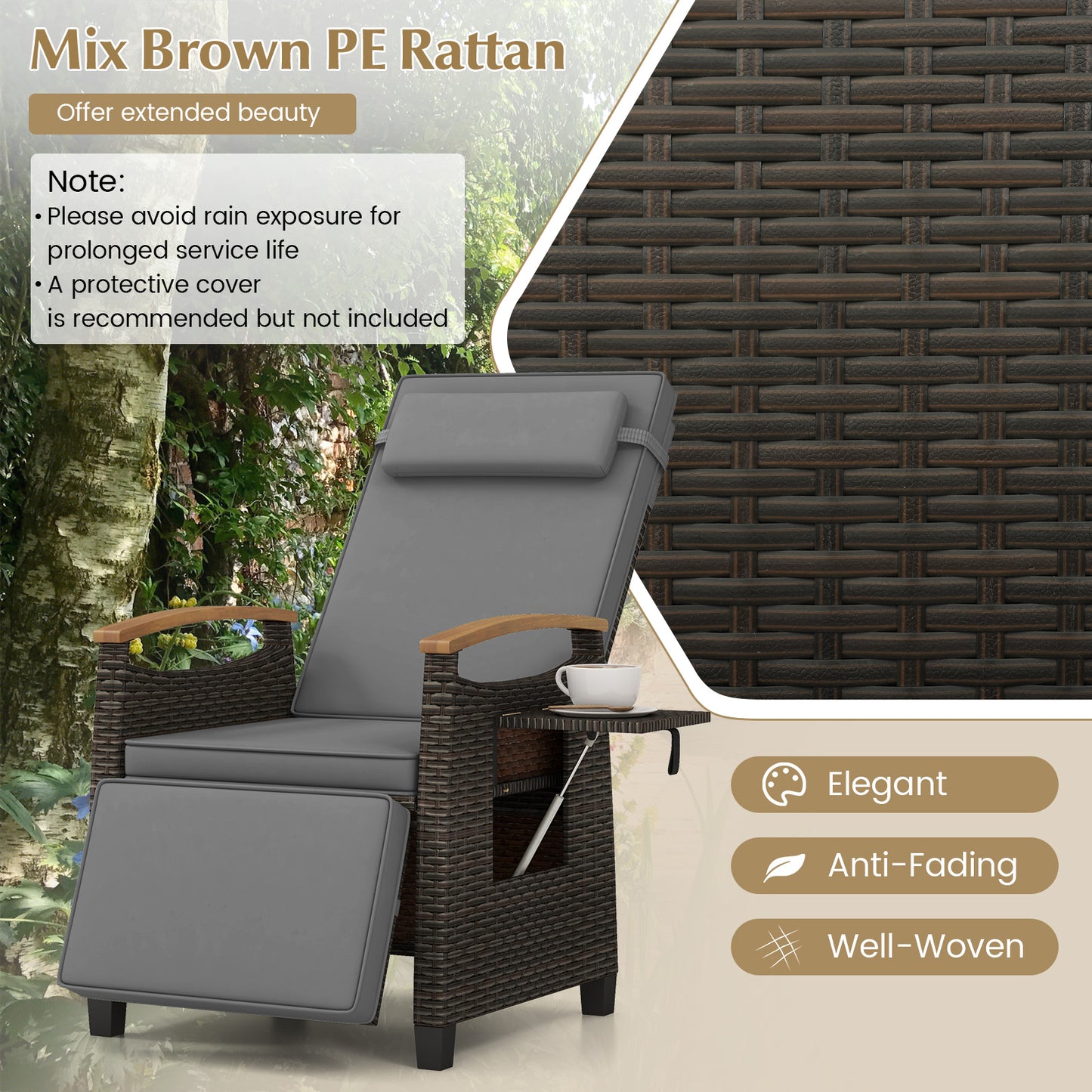 Costway Relaxstoel van Rattan met Zachte Kussens Verstelbare Rugleuning en Voetensteun Grijs