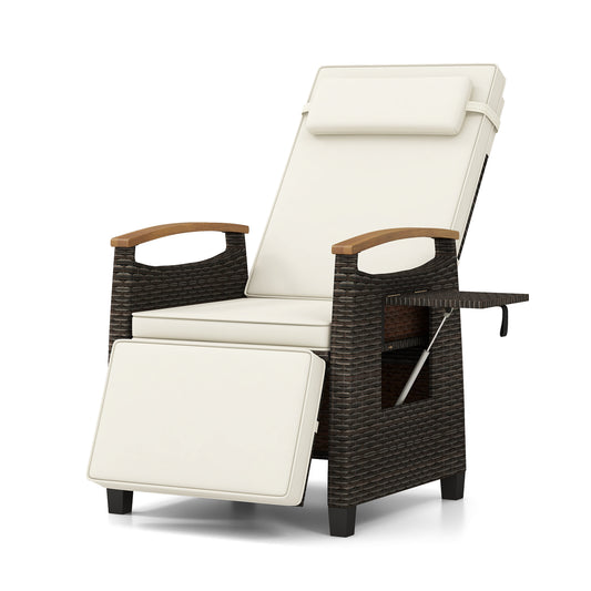 Costway Relaxstoel van Rattan met Zachte Kussens Verstelbare Rugleuning en Voetensteun Wit